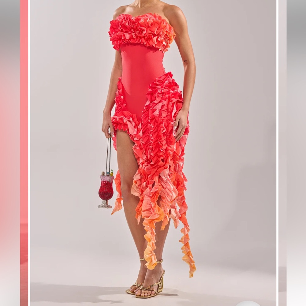 AKIRA Strapless Ruffle Cascade Dress in Coral to Peach Ombre